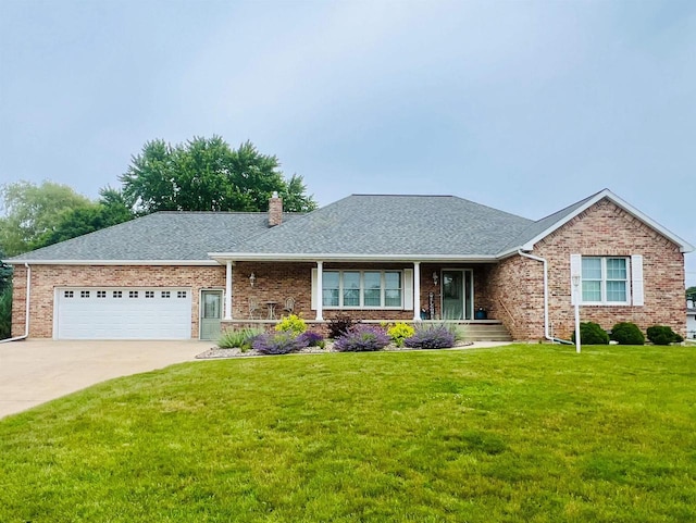 single story home with a porch, a front yard, a garage, roof with shingles, and concrete driveway