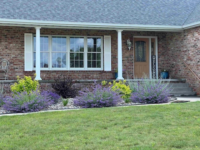view of exterior entry featuring brick siding, a shingled roof, and a lawn