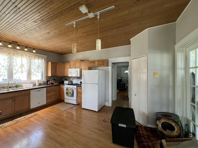 201 Bonito St, Walworth, WI 53184 - kitchen featuring track lighting, wood ceiling, a sink, and white appliances