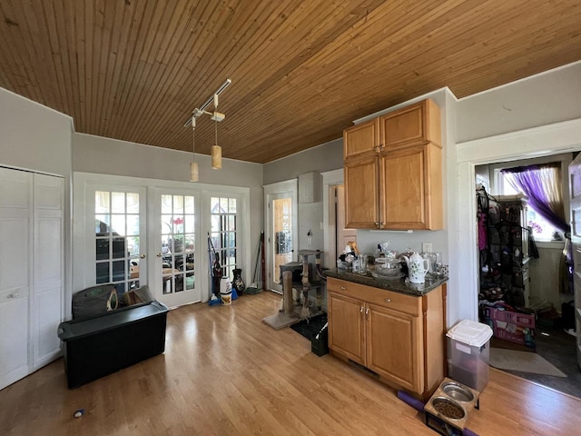 201 Bonito St, Walworth, WI 53184 - kitchen with light wood-style floors, wooden ceiling, and french doors