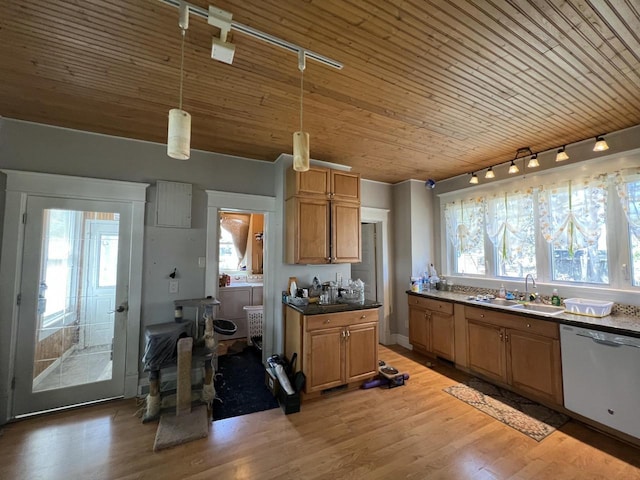 201 Bonito St, Walworth, WI 53184 - kitchen featuring wooden ceiling, a sink, track lighting, dishwasher, and hanging light fixtures