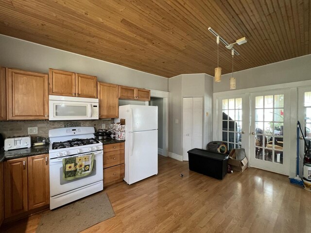 201 Bonito St, Walworth, WI 53184 - kitchen with dark countertops, decorative backsplash, white appliances, wood ceiling, and light wood finished floors