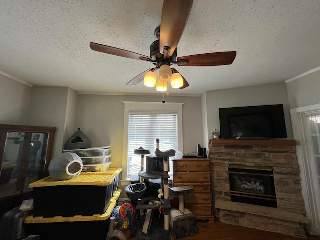 201 Bonito St, Walworth, WI 53184 - interior space featuring a stone fireplace, wood finished floors, crown molding, a textured ceiling, and ceiling fan