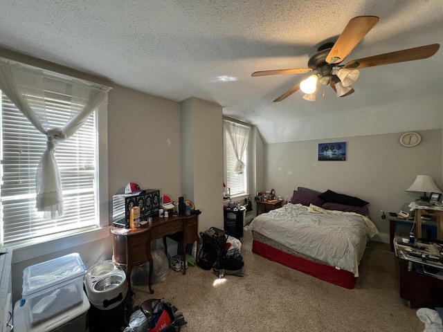 201 Bonito St, Walworth, WI 53184 - bedroom featuring carpet, a textured ceiling, lofted ceiling, and ceiling fan