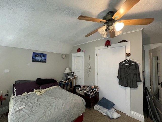 201 Bonito St, Walworth, WI 53184 - bedroom with vaulted ceiling, carpet, a textured ceiling, and a ceiling fan