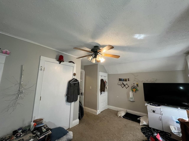 201 Bonito St, Walworth, WI 53184 - interior space featuring vaulted ceiling, crown molding, baseboards, a textured ceiling, and ceiling fan