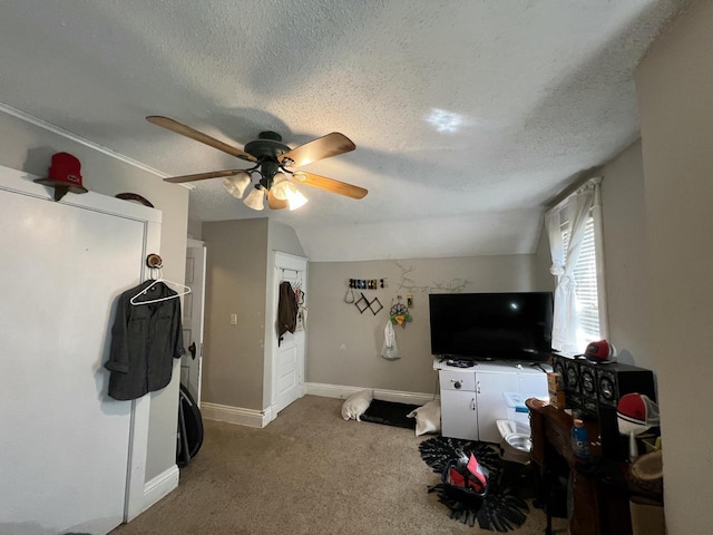 201 Bonito St, Walworth, WI 53184 - carpeted bedroom featuring lofted ceiling, a textured ceiling, a ceiling fan, and baseboards