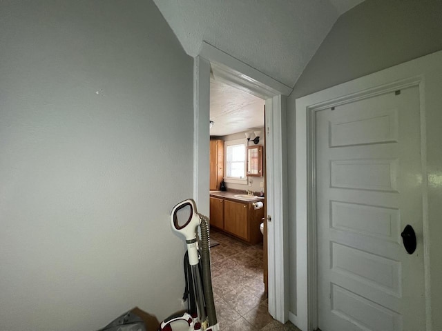 201 Bonito St, Walworth, WI 53184 - corridor featuring dark tile patterned floors, lofted ceiling, and a sink