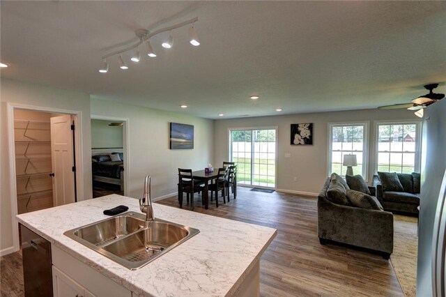 10230 Olker Rd, Hayward, WI 54843 - kitchen with dark wood-style floors, baseboards, open floor plan, and a sink