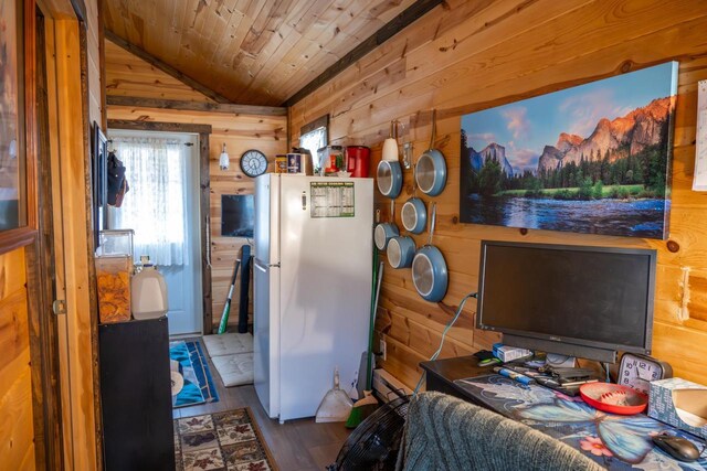 W4742 26th St, Necedah, WI 54646 - interior space with lofted ceiling, wooden walls, wood finished floors, and wood ceiling