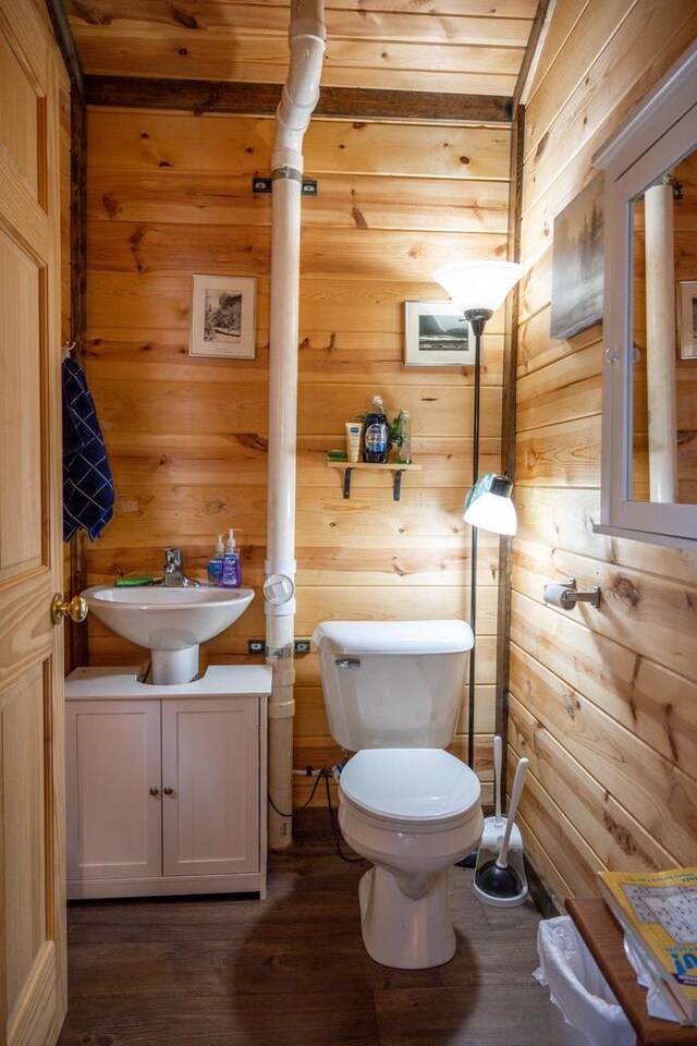 W4742 26th St, Necedah, WI 54646 - bathroom with wooden walls, wood finished floors, toilet, and a sink