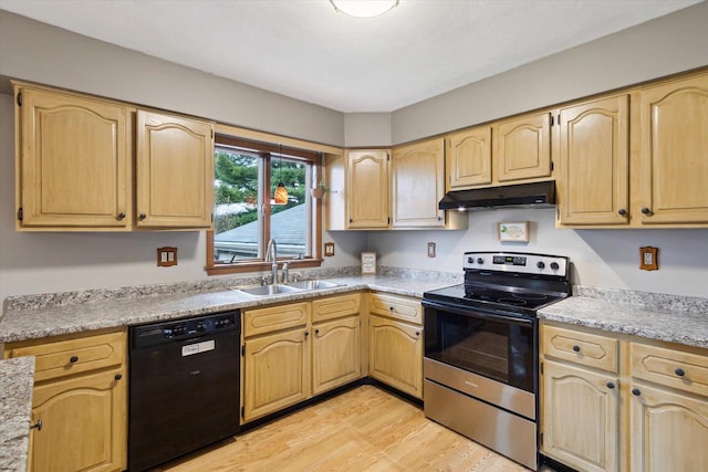 kitchen featuring stainless steel electric stove, under cabinet range hood, a sink, light wood-style floors, and black dishwasher