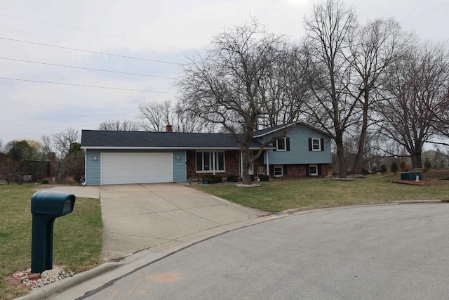 2282 Collier Ct, Green Bay, WI 54311 - split level home with an attached garage, concrete driveway, brick siding, a front lawn, and a chimney
