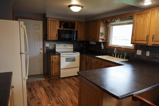2282 Collier Ct, Green Bay, WI 54311 - kitchen featuring white appliances, a sink, open shelves, and brown cabinetry