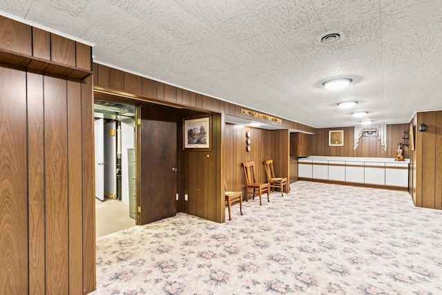 interior space with wood walls and carpet flooring