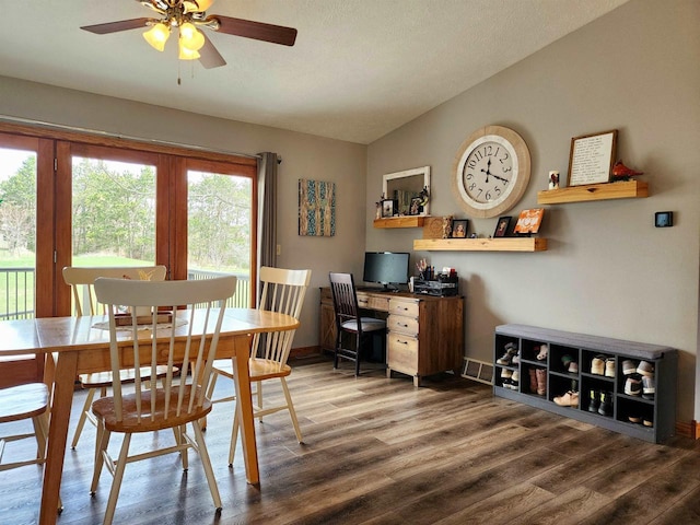 12902 Flicker Rd, Tomah, WI 54660 - office space featuring vaulted ceiling, a ceiling fan, baseboards, and wood finished floors