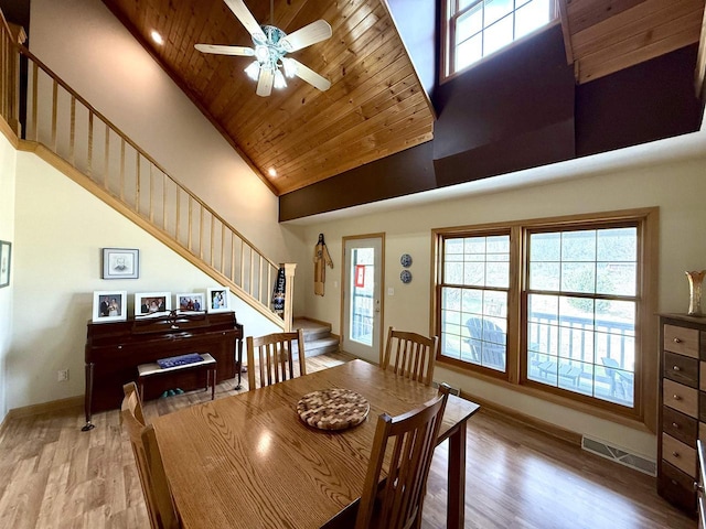 dining space featuring visible vents, wood finished floors, ceiling fan, stairway, and high vaulted ceiling