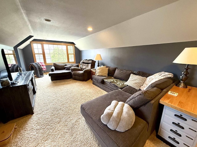 living area featuring vaulted ceiling, a textured ceiling, and carpet