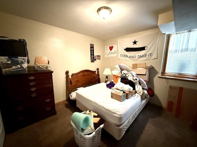 bedroom with dark colored carpet