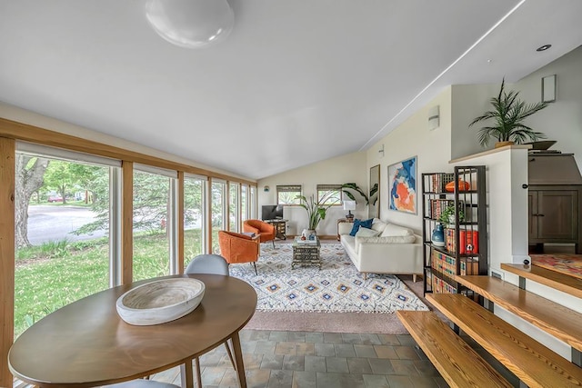 1301 Temkin Ave, Madison, WI 53705 - living area featuring stone finish flooring and lofted ceiling