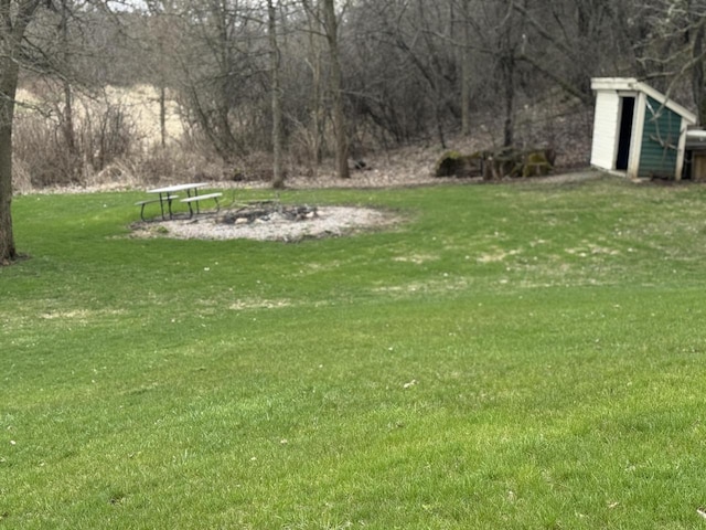 W360S10139 Markham Rd, Eagle, WI 53119 - view of yard featuring a fire pit, an outdoor structure, and a storage unit