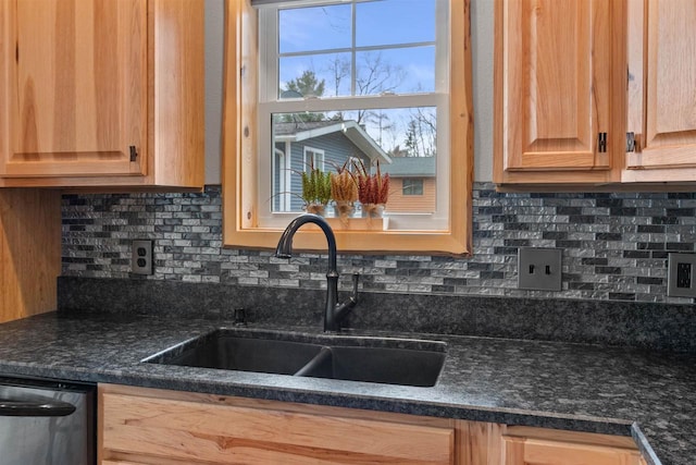 905 Plymouth Ct, Nekoosa, WI 54457 - details with dark countertops, tasteful backsplash, a sink, light brown cabinetry, and dishwasher