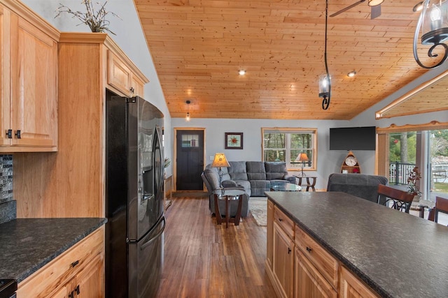 905 Plymouth Ct, Nekoosa, WI 54457 - kitchen featuring wood ceiling, black fridge with ice dispenser, open floor plan, and vaulted ceiling