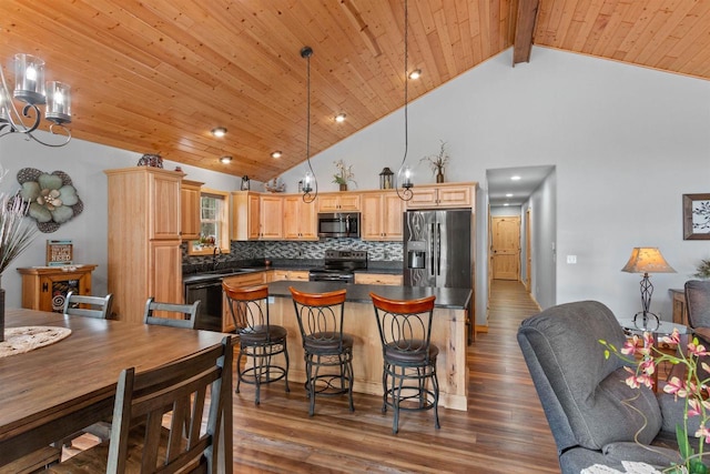 905 Plymouth Ct, Nekoosa, WI 54457 - kitchen with dark wood finished floors, dark countertops, backsplash, wood ceiling, and appliances with stainless steel finishes
