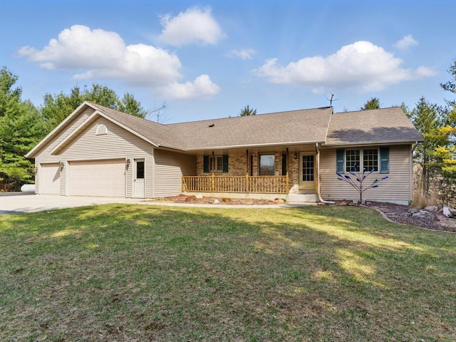 W7436 County Road V, Cascade, WI 53011 - ranch-style house featuring a front lawn, driveway, a shingled roof, an attached garage, and a porch