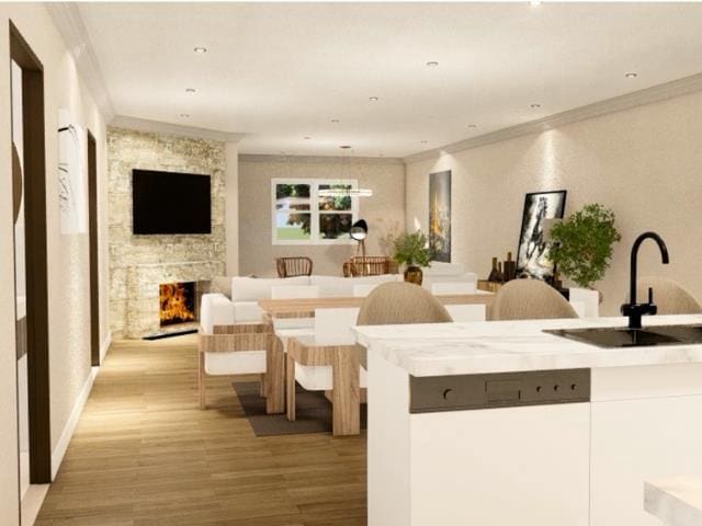 interior space featuring a sink, light wood-type flooring, open floor plan, crown molding, and a fireplace