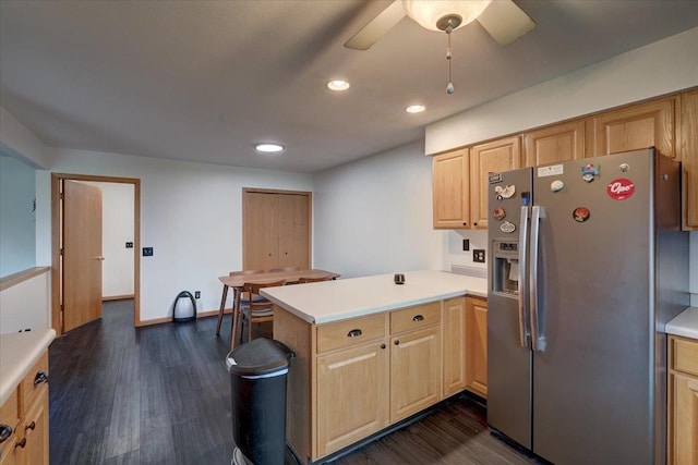 25 Cherbourg Ct, Madison, WI 53711 - kitchen with stainless steel refrigerator with ice dispenser, dark wood-style floors, light countertops, a peninsula, and recessed lighting