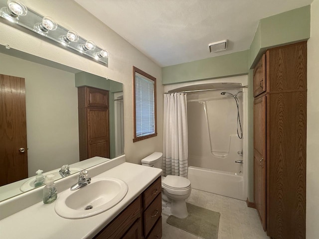 full bathroom with vanity, toilet, tile patterned floors, shower / bath combo with shower curtain, and visible vents