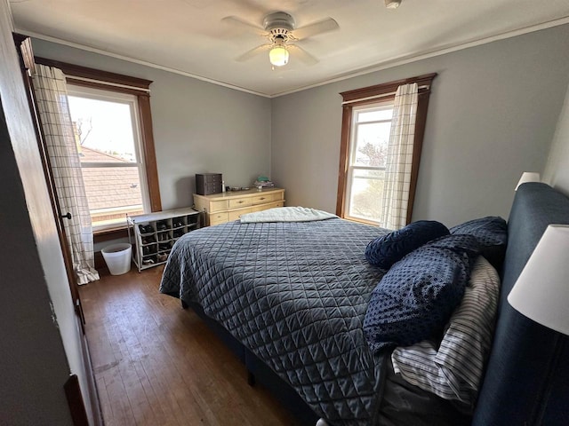 bedroom with crown molding, ceiling fan, and dark wood-type flooring