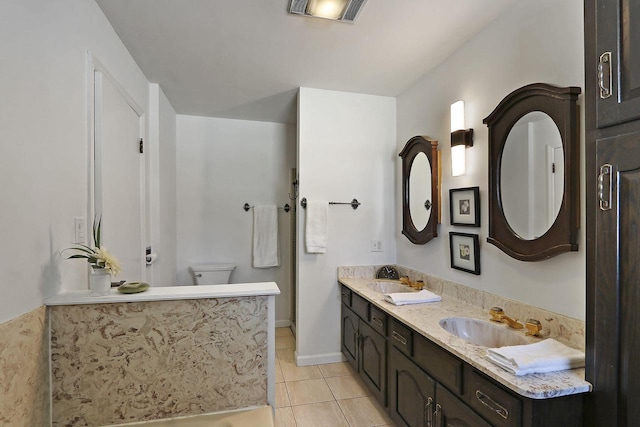 bathroom featuring tile patterned floors, a sink, double vanity, toilet, and visible vents