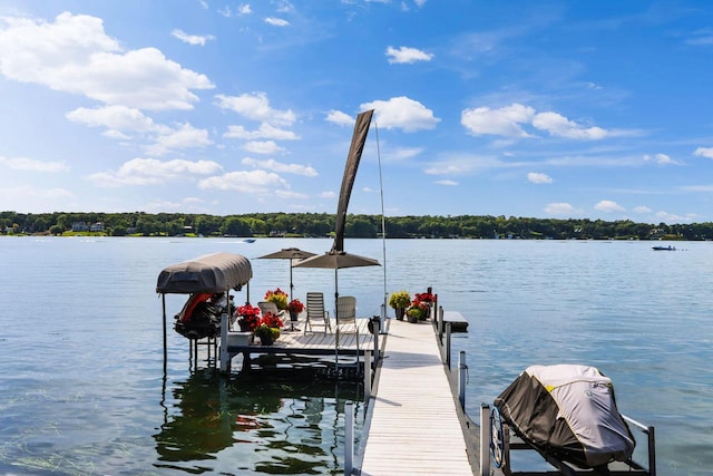 dock area with boat lift and a water view