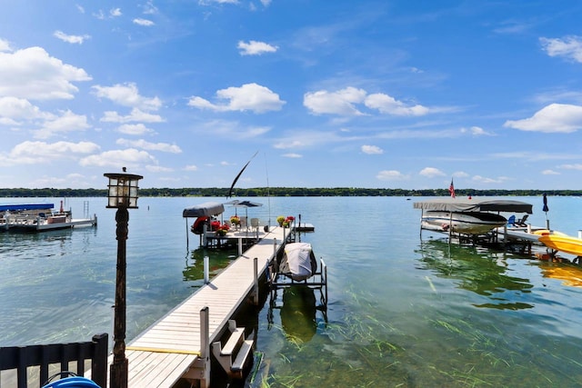 view of dock featuring boat lift and a water view