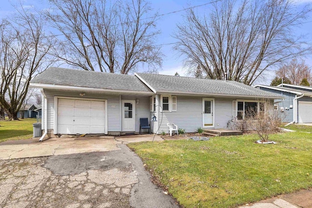 single story home with driveway, roof with shingles, a front yard, and a garage
