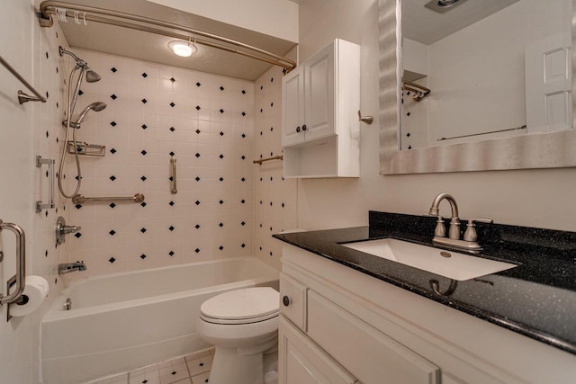 bathroom with tile patterned flooring, toilet, shower / bathtub combination, and vanity