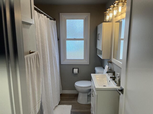 1610 S Oneida St, Green Bay, WI 54304 - bathroom with toilet, baseboards, wood finished floors, a shower with shower curtain, and vanity