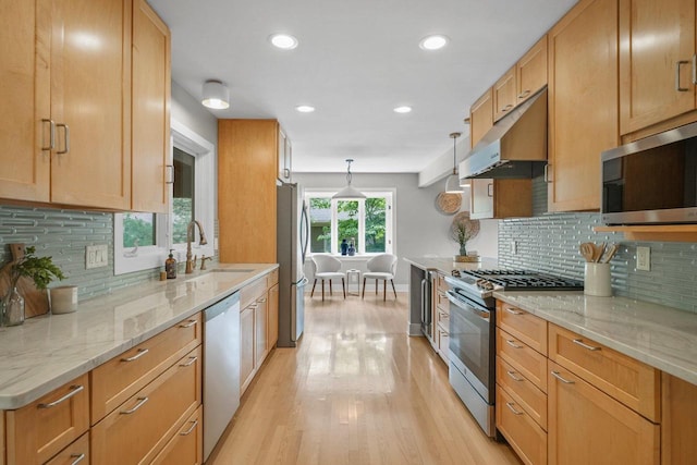5308 Mckenna Rd, Monona, WI 53716 - kitchen featuring stainless steel appliances, under cabinet range hood, a sink, light wood-style floors, and light stone countertops