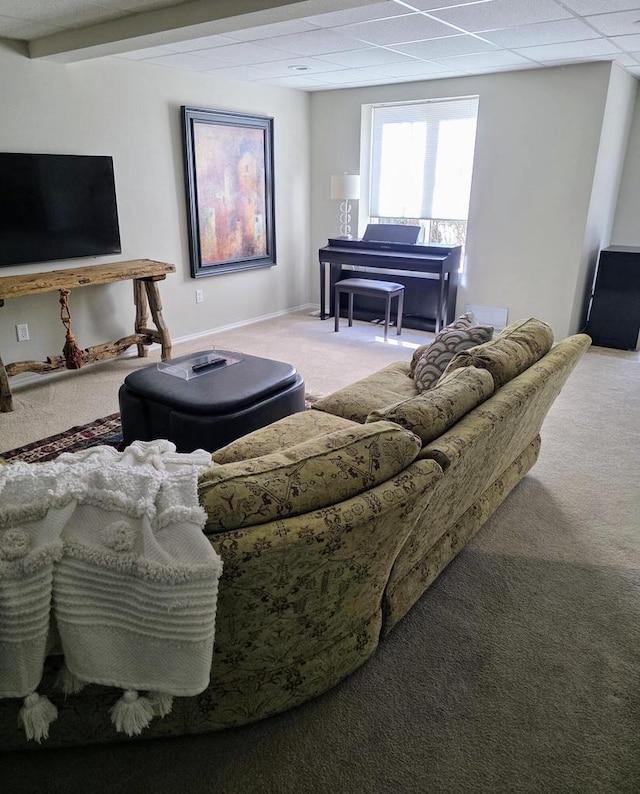 living room featuring carpet floors and baseboards