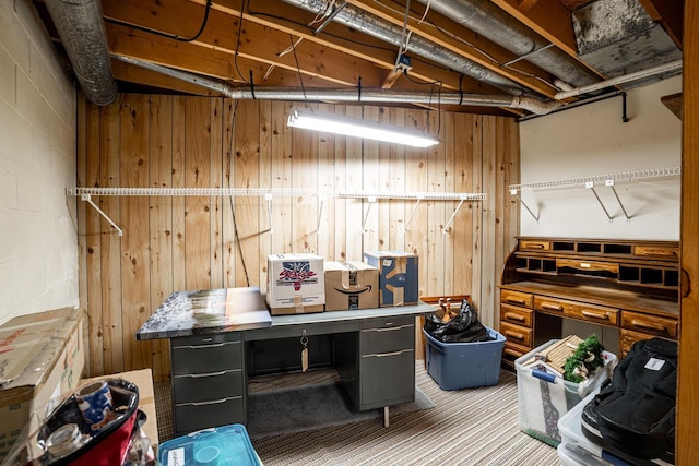 interior space featuring wood walls, concrete block wall, and carpet