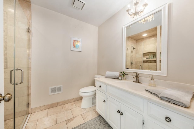 full bath featuring visible vents, toilet, a stall shower, and vanity