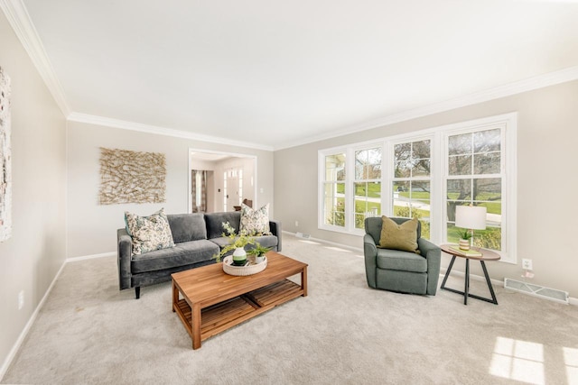 living room featuring baseboards, light carpet, visible vents, and crown molding