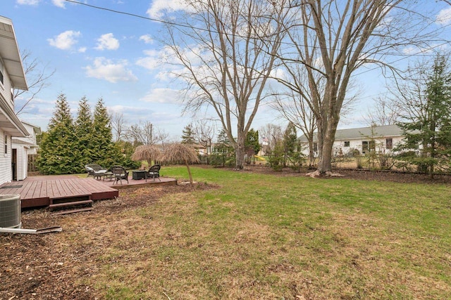 view of yard featuring a wooden deck and cooling unit