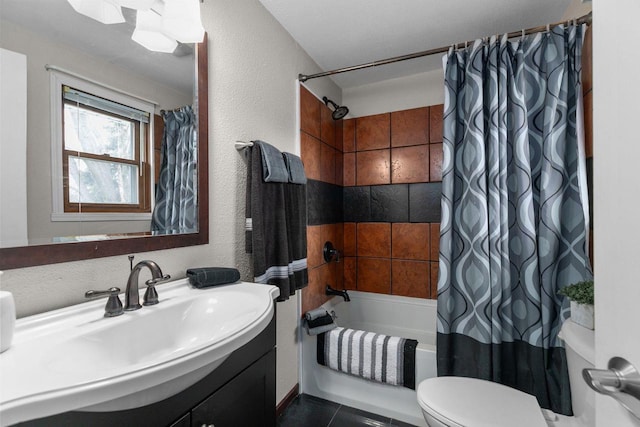 full bath with toilet, tile patterned flooring, shower / bathtub combination with curtain, a textured wall, and vanity
