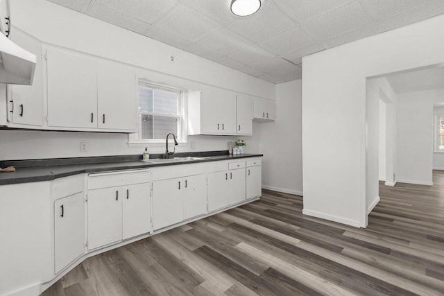 76 E Johnson St, Fond Du Lac, WI 54935 - kitchen with dark wood-type flooring, dark countertops, white cabinetry, and a sink