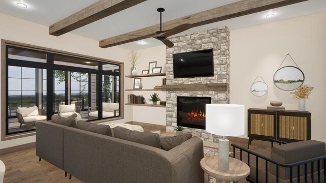 W2600 Oakwood Beach Rd, Markesan, WI 53946 - living room with wood finished floors, beamed ceiling, ceiling fan, a fireplace, and baseboards