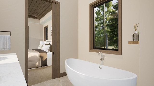 W2600 Oakwood Beach Rd, Markesan, WI 53946 - bathroom featuring a freestanding tub, ensuite bathroom, and wooden ceiling
