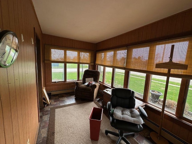 sunroom / solarium featuring baseboard heating and wood walls